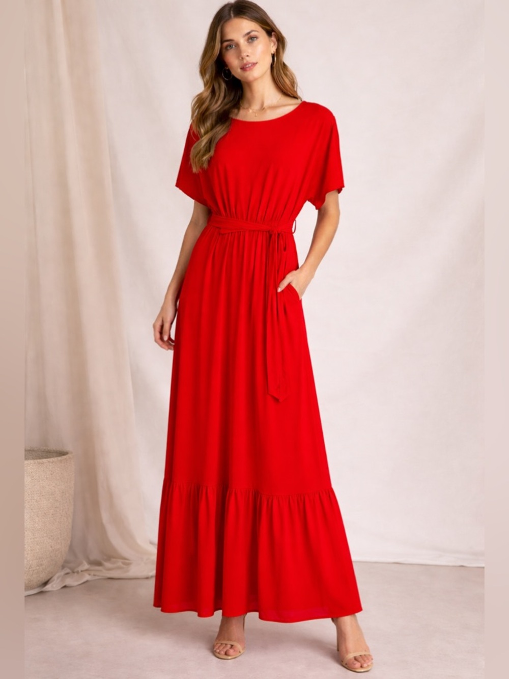 Red Maxi Dress with Tie Waist